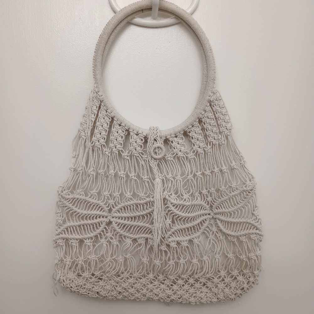 White crocheted hobo bag